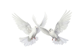 Obraz premium Two white doves are in flight, symbolizing peace and freedom. Great for logos, backgrounds, or designs promoting peace and unity