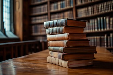 stack of books against the background of library, stack of books in front of library, books on wooden table , ai
