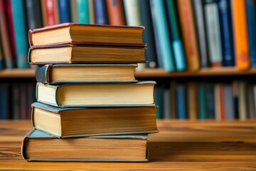 Fototapeta premium stack of books against the background of library, stack of books in front of library, books on wooden table , ai