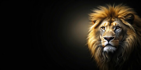 Fototapeta premium Lion head silhouette on a dark background, wildlife, predator, feline, majestic, powerful, strength, courage, fierce