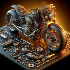 Obraz premium 3D Illustration of the motorcycle is cut open to show the spare parts, background, banner, card, poster, template, elegant