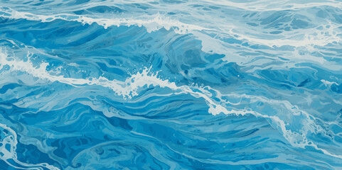 Obraz premium Vector watercolor ocean wave line blue and white background. Ocean sea art with natural template. Seamless soft blue ocean pattern wave water background.