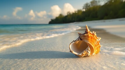 Obraz premium Seashell on a White Sandy Beach with Foamy Waves