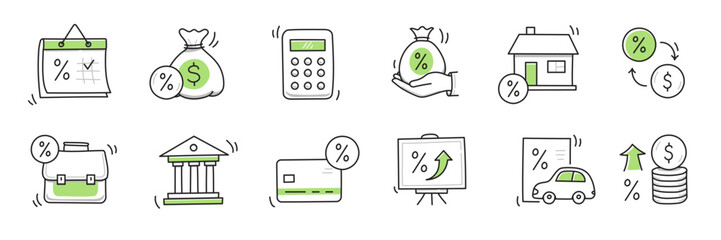 Loan interest rate doodle icon set. Hand drawn sketch doodle line style bank money loan interest rate icon for house, car discount percentage concept. Trendy cute element. Vector illustration