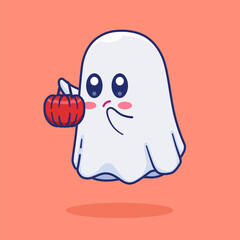 Vector Illustration of Cartoon Ghost Carrying Bucket of Pumpkin Candy.