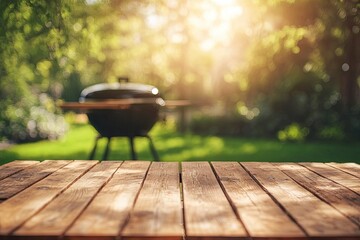 Summer time in backyard with wooden table, grill BBQ and blurred background, ai