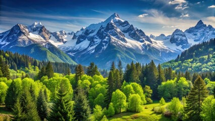 Fototapeta premium Mountain landscape with lush green trees, clear blue skies, and snow-capped peaks , mountains, trees, landscape