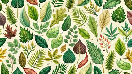 Fototapeta premium Seamless pattern featuring an assortment of different types of leaves , leaves, foliage, botanical, nature, greenery