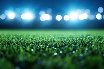 Obraz premium Football stadium with green grass with bokeh effect and spotlights , ai