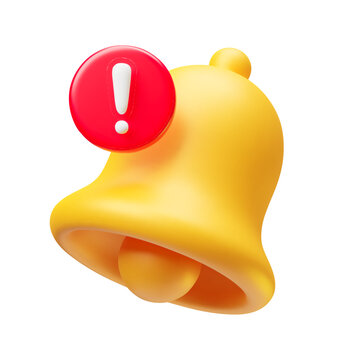 Illustration of ringing bell in 3d style. Minimalistic yellow hand bell. Reminder in phone app. New notification. Social media communication. Vector art of chime isolated on white background