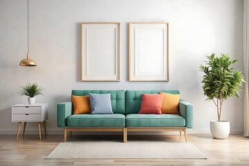 Modern living room interior with green sofa, two frames, and plant.
