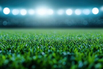 Naklejka premium Football stadium with green grass with bokeh effect and spotlights , ai