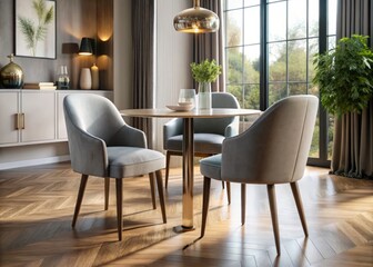 Fototapeta premium A masterclass in understated luxury, this plush-upholstered chair boasts a curved backrest, seamless integration into