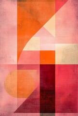 Retro-Style Poster with Geometric Shapes in Pastel Pink, Orange, and Red Tones, Featuring a Textured Abstract Background of Squares and Triangles
