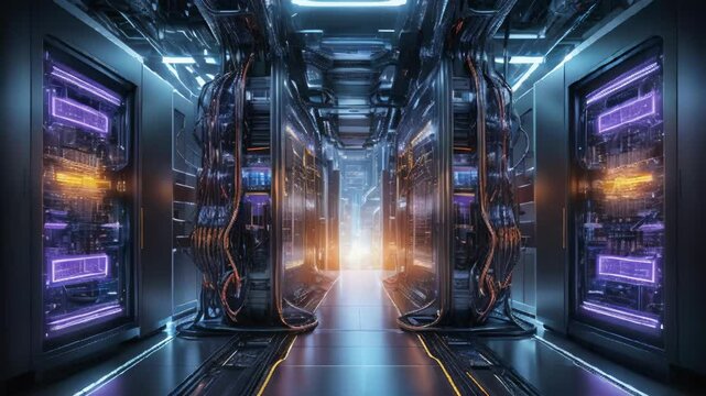 Futuristic Data Center with Server Racks and Digital Technology Concept