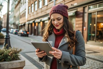 Young Woman Using Tablet in the City.