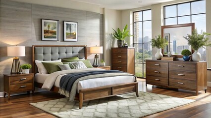 Fototapeta premium A modern bedroom showcases a stylish collection of affordable furniture pieces in diverse designs, colors, and sizes,