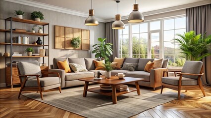 Fototapeta premium A modern living room boasts a plush sofa, sleek armchairs, and a wooden coffee table, creating a warm