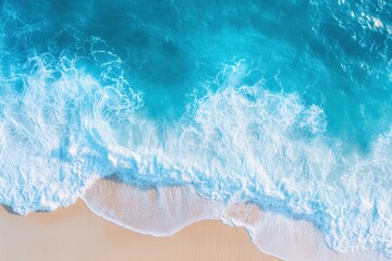 Summer seascape beautiful waves, blue sea water in sunny day. Top view from drone. Sea aerial surf, amazing tropical nature background. Mediterranean bright sea bay, waves splashing beach sandy , ai