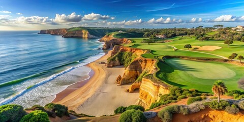 Scenic view of the Algarve coastline with lush golf courses and sandy beaches, Algarve, golf, beach, destination, seascape