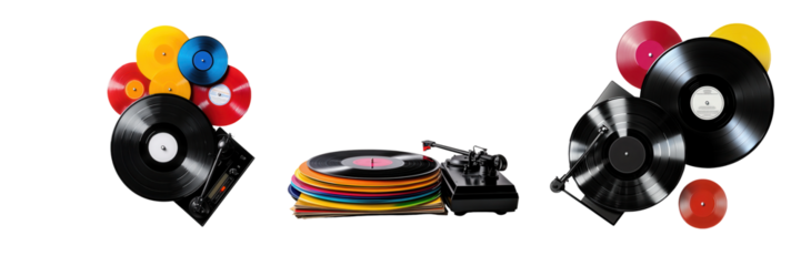 A vibrant collection of vinyl records and a stylish turntable, perfect for capturing the essence of music and nostalgia. isolated on a transparent background