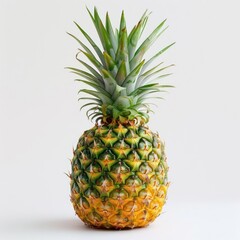 Fototapeta premium A fresh pineapple with green leaves and ripe fruit, set against a white background.