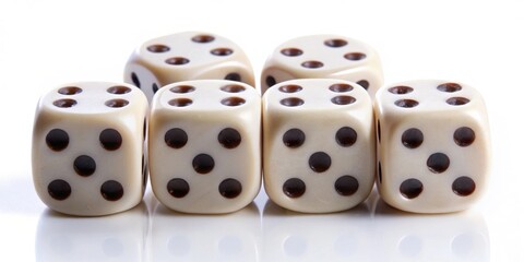 Close-up of six dices isolated on white background, dice, six, numbers, game, gamble, luck, random, cubes, dots