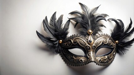 Fototapeta premium Black carnival mask with intricate designs and feathers on a white background, masquerade, disguise, celebration, party