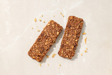 Delicious granola bars on a white background