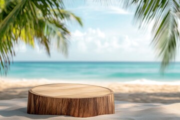 Wooden pedestal with free space for your decoration on tropical summer sand beach , ai