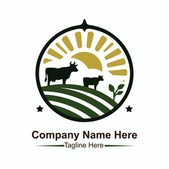 A logo for organic farm with a sun and cows on the top