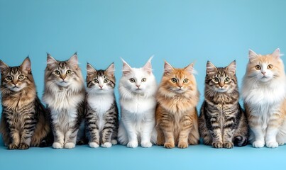 Diverse Collection of Adorable Cats Posing on Powder Blue Background