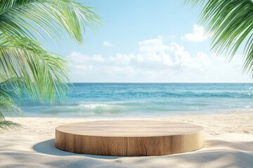 Wooden pedestal with free space for your decoration on tropical summer sand beach , ai