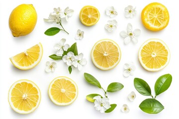 Lemon has water drop with lemon slices and flower collection isolated on white background. Clipping path, ai