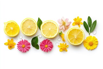 Lemon has water drop with lemon slices and flower collection isolated on white background. Clipping path, ai