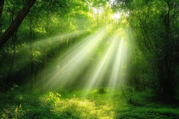Obraz premium Sunlight in a green forest. Forest sunbeam. Ray of sunlight in forest green. Mossy forest sunbeam with generative ai