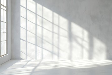 Obraz premium Wall interior background, studio and backdrops show products.with shadow from window color white and grey. background for text insertion and presentation product , ai