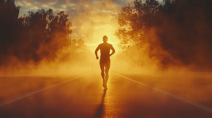 A silhouette of a runner in the early morning fog, bathed in golden sunlight, symbolizing endurance and freedom.