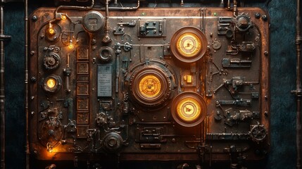 Steampunk-inspired mechanical device featuring large copper boards, glowing dials, and intricate brass cogs, illustration, muted earthy palette, Victorian-industrial fusion, high detail