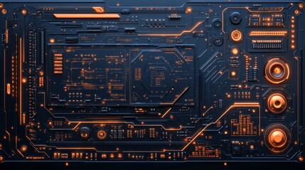 Fototapeta premium Technical blueprint of a robotic copper circuit board, monochromatic with metallic accents, intricate wiring paths, minimalistic labels, detailed layers and connections, AI-powered design tools