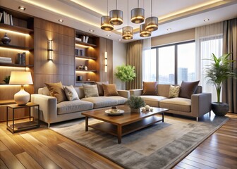 Fototapeta premium A sleek and sophisticated living room featuring plush furniture, soothing neutral hues, and soft golden lighting,