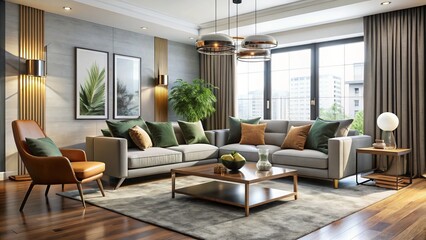 Fototapeta premium A sleek, contemporary living room features a luxurious designer sofa, a low-slung coffee table, and stylish accent