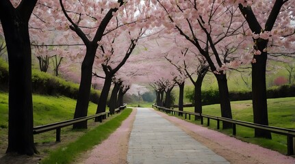 Obraz premium A Path Through a Canopy of Pink Cherry Blossoms
