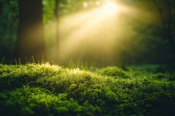Fototapeta premium Sunlight in a green forest. Forest sunbeam. Ray of sunlight in forest green. Mossy forest sunbeam with generative ai