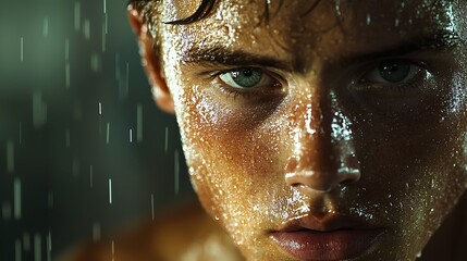 Intense portrait of a young boy, drenched in sweat, showcasing determination and emotion in a dramatic lighting.