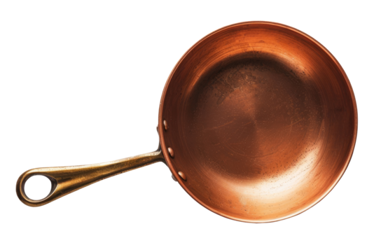 Empty copper frying pan isolated on transparent background, top view