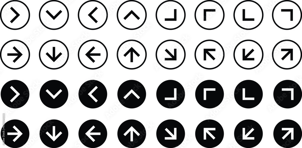 Poster set of different direction arrow with circle vector illustration.