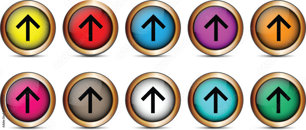 Poster set of different color gradient glossy arrow upload button vector illustration.