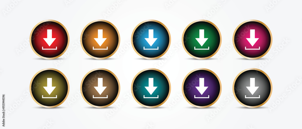 Poster set of different color circle download button vector illustration.