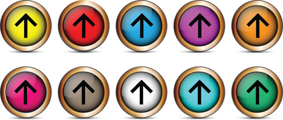 set of different color gradient glossy arrow upload button vector illustration.